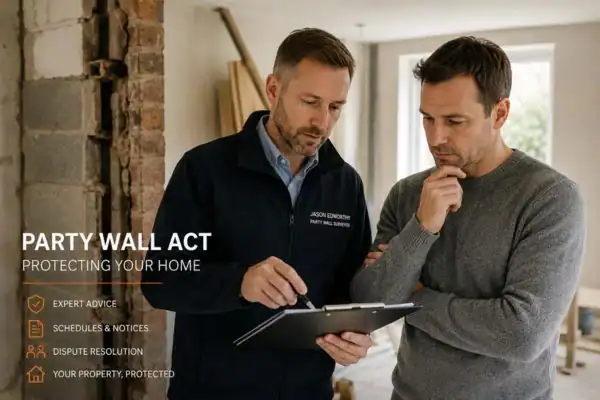 Party wall surveyor Northampton discussing extension plans with homeowner outside a UK semi-detached house.